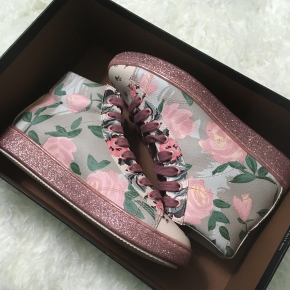 Coach 🐎 Floral Pink Shimmer Genuine Leather High Top Shoes - Picture 2 of 7